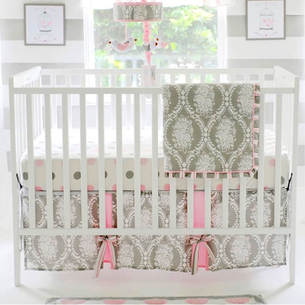 Olivia Rose 3pc Crib Set: comforter/blanket, crib skirt, fitted sheet pink/gray
